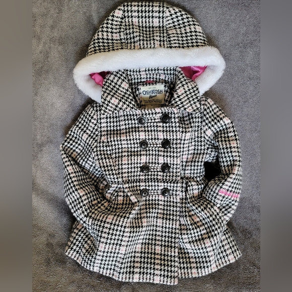 OshKosh B'gosh Other - OshKosh B'gosh Houndstooth Pea Coat with Pink Accents Sz 3T